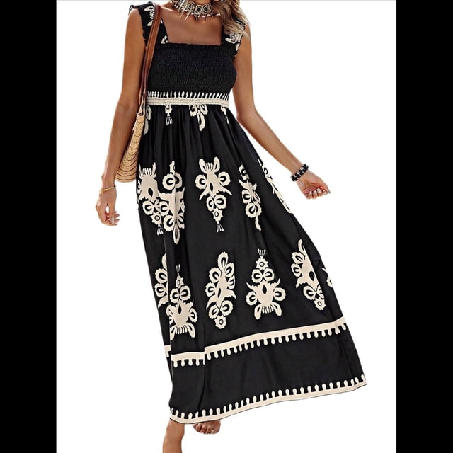 Vestido Bohemio con Cuello Cuadrado para Mujer, Informal, , para y Verano, Ideal para Vacaciones en la Playa 2025. Negro L
