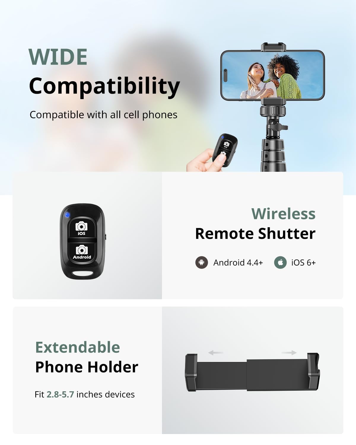 62" Phone Tripod & Selfie Stick, Extendable Cell Phone Tripod Stand with Wireless Remote and Phone Holder, Compatible with iPhone Android Phone, Camera