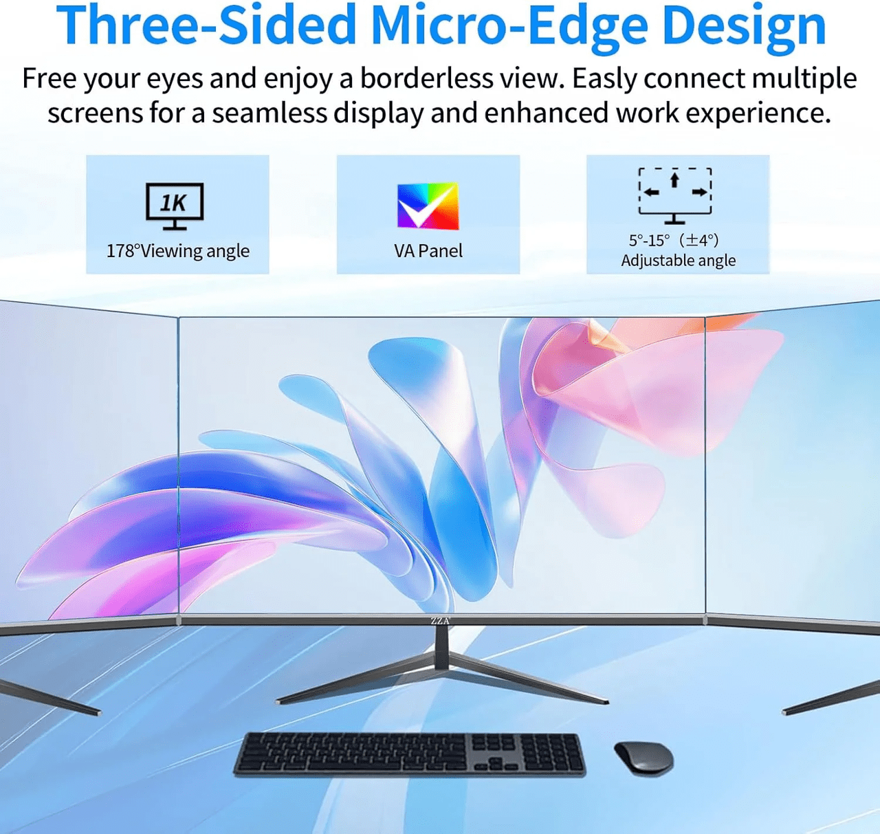 ZZA 27 inch 100Hz Curved Monitor with 1K 1920x1080 Computer Screen 27 inch FHD with HDMI,VGA and Wall Mountable|1080P Frameless Eye Care PC Office Display for Working and Gaming