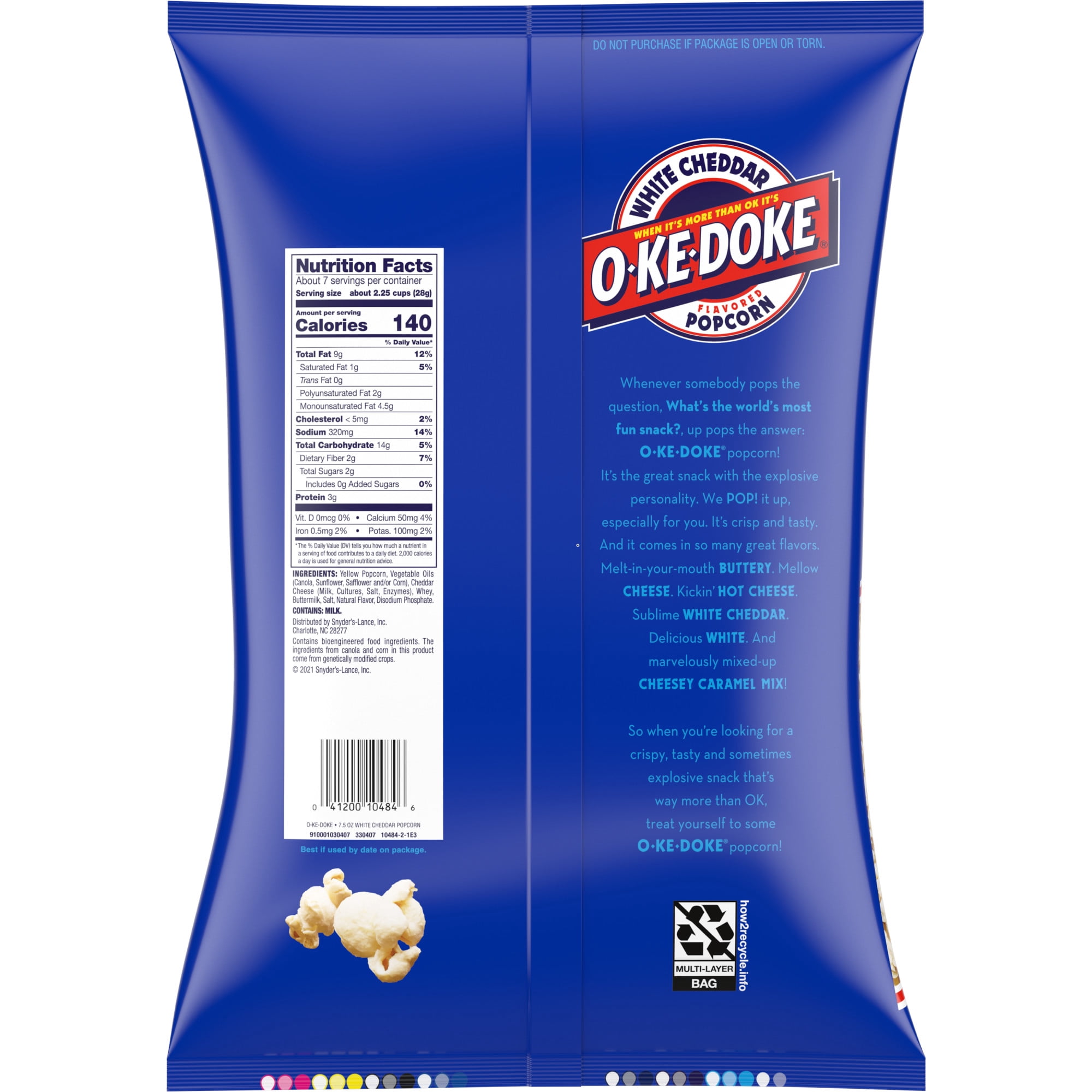 O-Ke-Doke Popcorn, White Cheddar Popcorn, 7.5 oz Bag