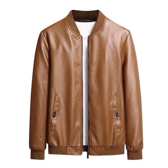Cathalem Adult Outerwear Male Coats Medium Leather Jacket Collar Coat Leather Coat Flight Jacket Men (Khaki, XXXXXL)