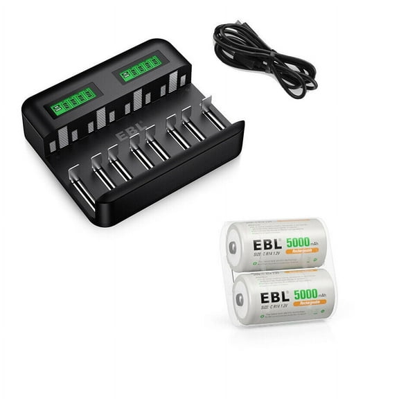 EBL Rechargeable C Batteries 5000mAh 1.2V (2 Pack) and LCD Rechargeable Battery Charger
