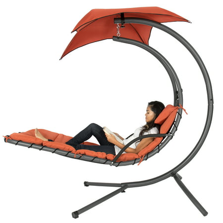 Best Choice Products Outdoor Hanging Curved Steel Chaise Lounge Chair Swing with Built-In Pillow and Removable Canopy,