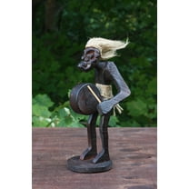 Handmade Wooden Primitive Tribal Playing a Bass Drum Figurine Statue Funny Sculpture Tiki Bar Handcrafted Unique Gift Decor Accent Figurine Hand Carved