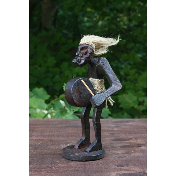 Handmade Wooden Primitive Tribal Playing a Bass Drum Figurine Statue Funny Sculpture Tiki Bar Handcrafted Unique Gift Decor Accent Figurine Hand Carved