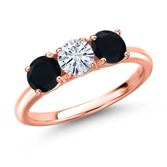 Gem Stone King 18K Rose Gold Plated Silver White Moissanite and Black Onyx Engagement Ring for Women | 1.45 Cttw | Round 5MM | Gemstone Birthstone | Size 6