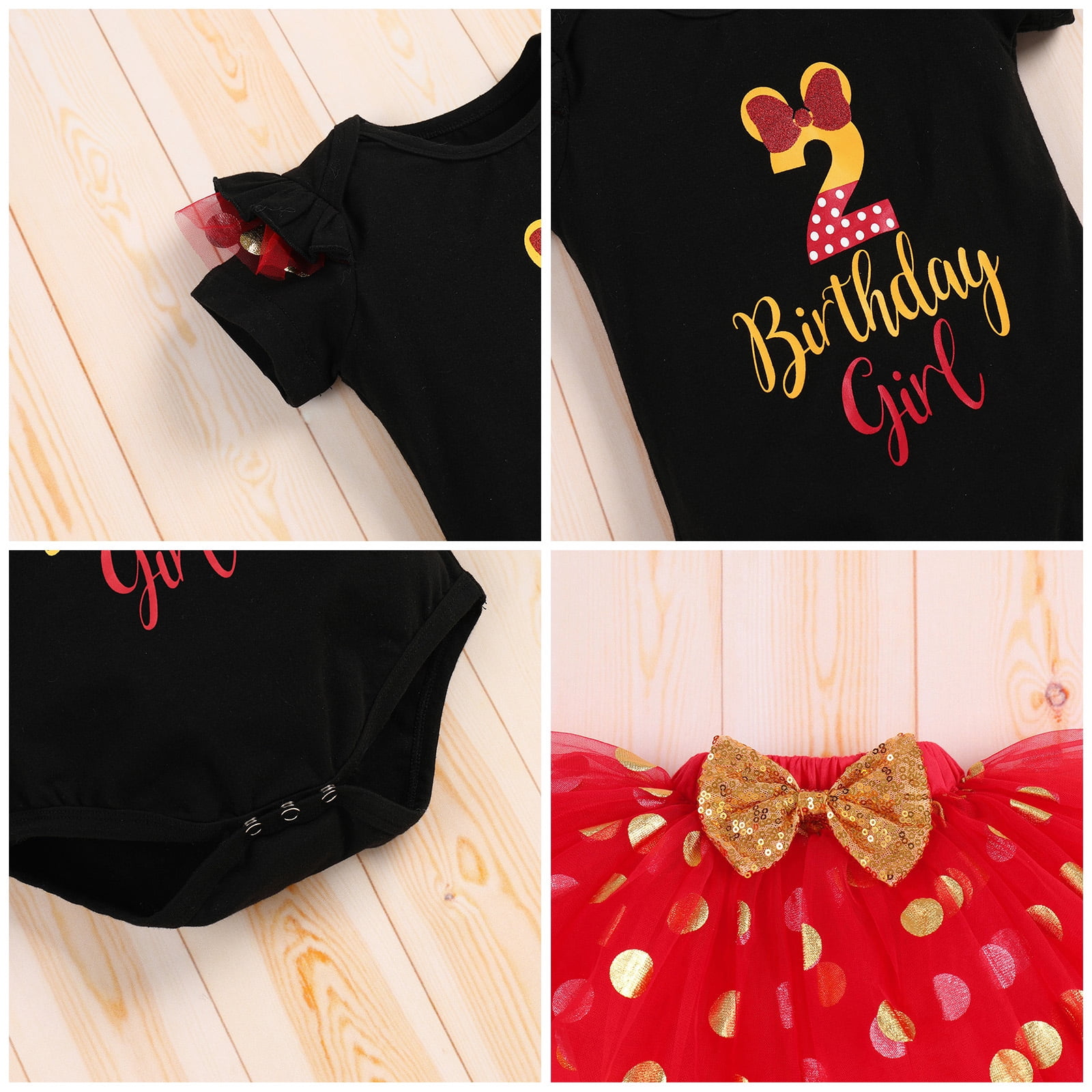 IBTOM CASTLE Toddler Girls 1st 2nd 3rd Birthday Outfit Princess Polka Dots Ruffle Tutu Skirt Mouse Headband Cake Smash Party Clothes Set 2 Years Black + Red