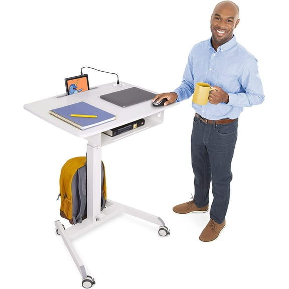 Stand Steady Cruizer Mobile Podium with UL Safety Certified Power Outlets | 31" Height Adjustable Student Desk with Built-In Storage | Portable Standing Desk | Rolling Laptop Desk (White / 31" x 22")