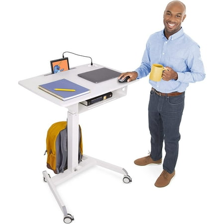 Stand Steady Cruizer Mobile Podium with UL Safety Certified Power Outlets | 31" Height Adjustable Student Desk with Built-In Storage | Portable Standing Desk | Rolling Laptop Desk (White / 31" x 22")