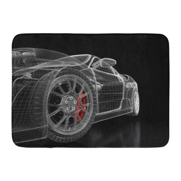 YUSDECOR Performance Render Car Vehicle 3D Blueprint Mesh Model with Red Brake Caliper on Black Rendered Tire Rug Doormat Bath Mat 23.6x15.7 inch