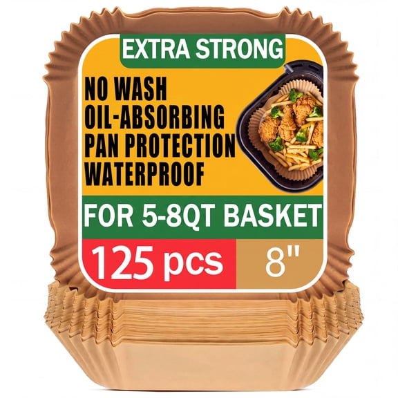 Air Fryer Paper Liners, 125Pcs Air Fryer Disposable Liners | Non-Stick and Oil Proof for Easy Cleanup, 8" Square for 5-8 qt Basket by Tilnce