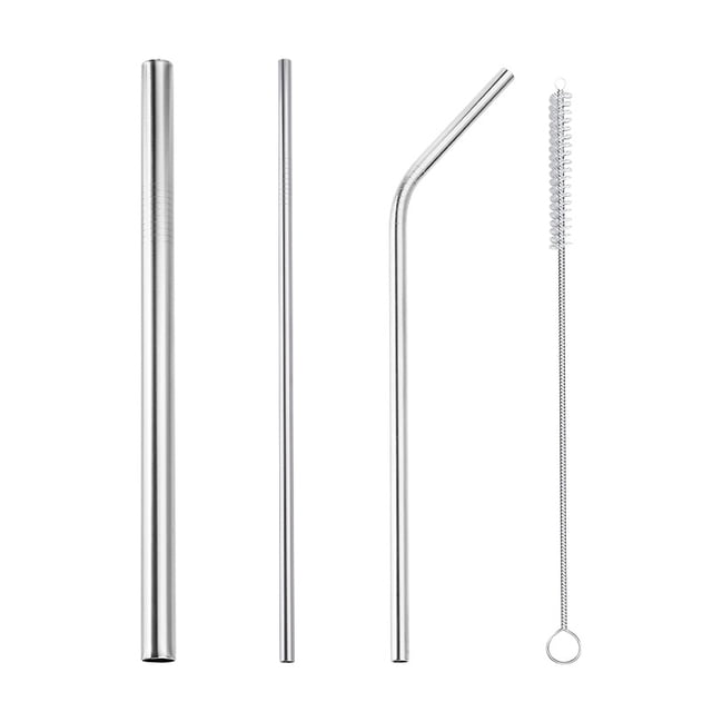 Popotes de Acero Inoxidable de Plateado. Set de 4 Popotes Metálicos y Brocha de Limpieza. Disponible en 21.5cm de Largo. (Metálico, 22CM) ShuxiuWang 1327537031239