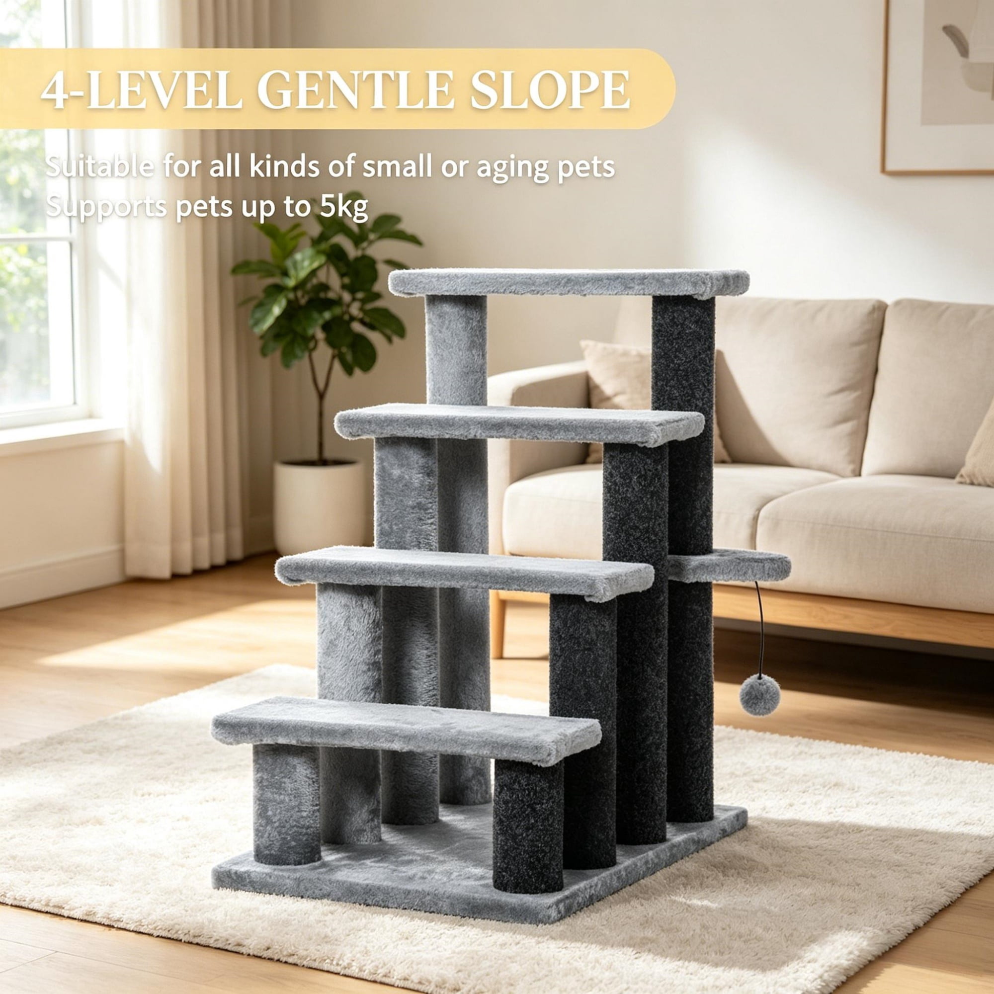 Lightweight Compact Cat Stairs for Older Small Cats Under 10 Lbs, Soft Flannel Covered Pet Steps with Play Platform Hanging Ball Joint Protection Movable Cat Tree