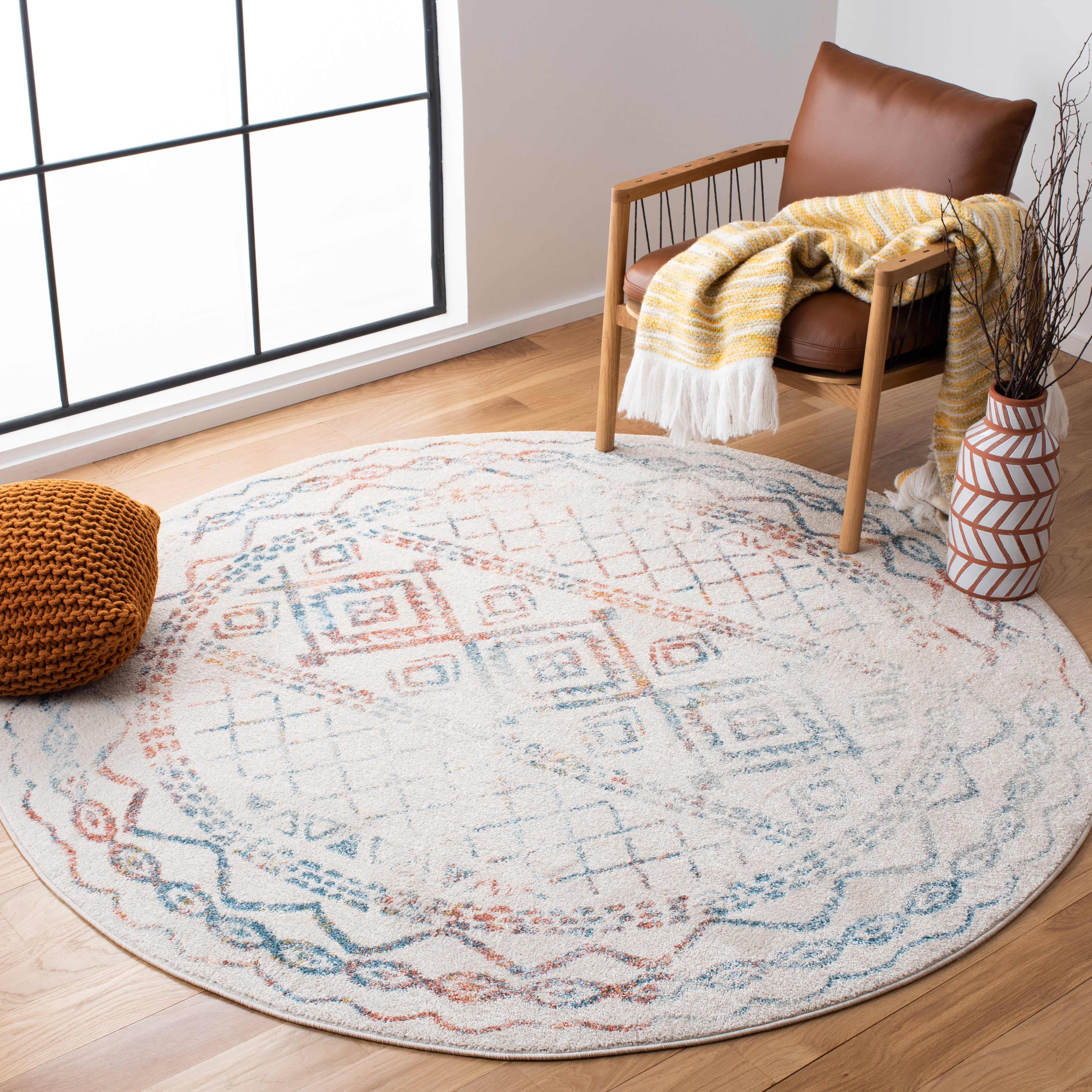 SAFAVIEH Tulum Ronald Oriental Area Rug, Ivory/Turquoise, 5' x 5' Round