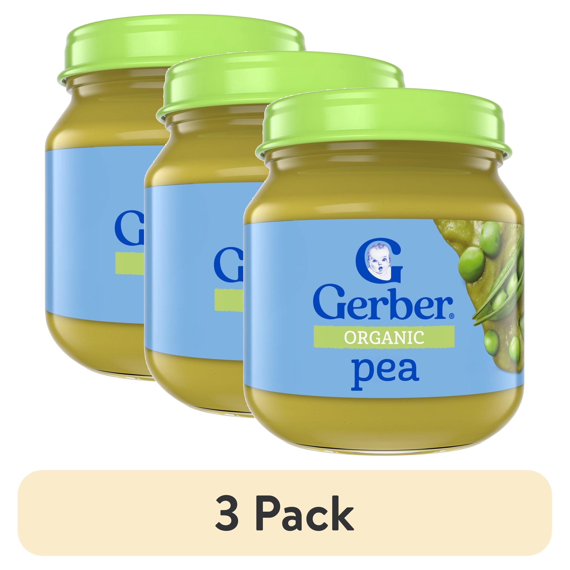 (3 pack) Gerber Organic Stage 1 Baby Food Puree, Pea, 4 oz Jar