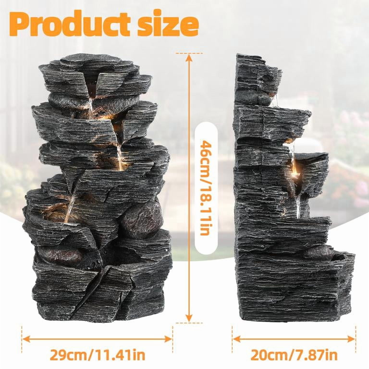 Outdoor Rock Waterfall Fountain, 3-Tier Cascading Fountain with LED Warm Light, Natural Stone Look Resin Fountain for Garden Patio Yard Porch Decor