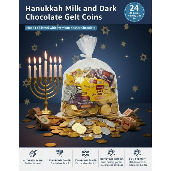 Hanukkah Chocolate Gelt Coins, Milk and Dark Variety Pack, 24 Mesh Bags with 3 Coins Each, Gold Foil Wrapped, Kosher Certified, Traditional Dreidel Game Treats