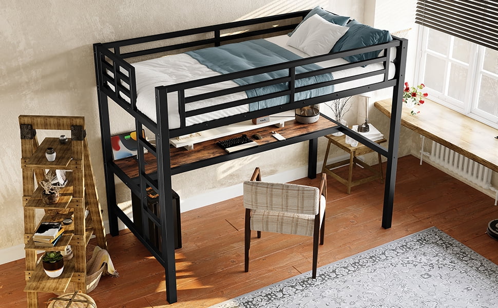 Mintazer Twin Metal Loft Bed with Desk and Charging Station & LED Lights for Bedroom Dorm, Black