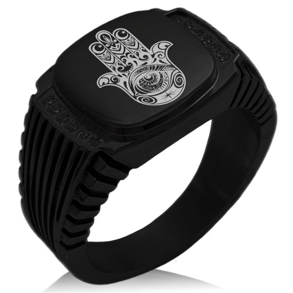 Stainless Steel Crescent Hamsa Hand of Fatima CZ Ribbed Needle Stripe Pattern Biker Style Polished Ring