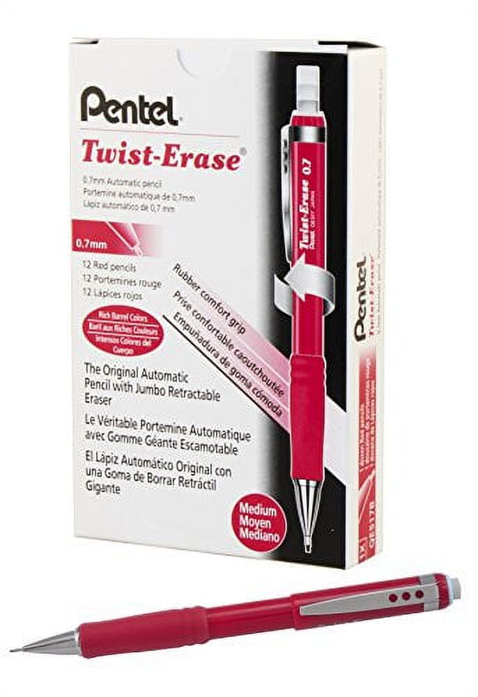 Pentel Twist-Erase III Mechanical Pencil, 0.7mm, Red Barrel, 12 Pack (QE517B)