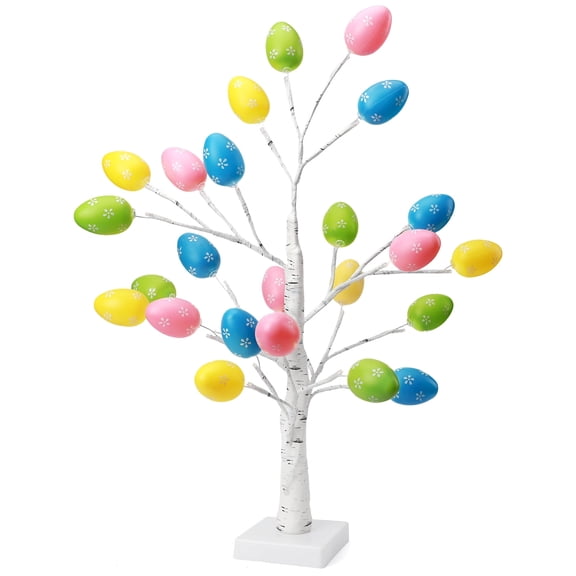 Ayieyill Lighted Easter Egg Tree Tabletop 21 inch Artificial Birch Tree Lights Include 24 Pieces Egg Ornament for Home Spring Easter Decorations