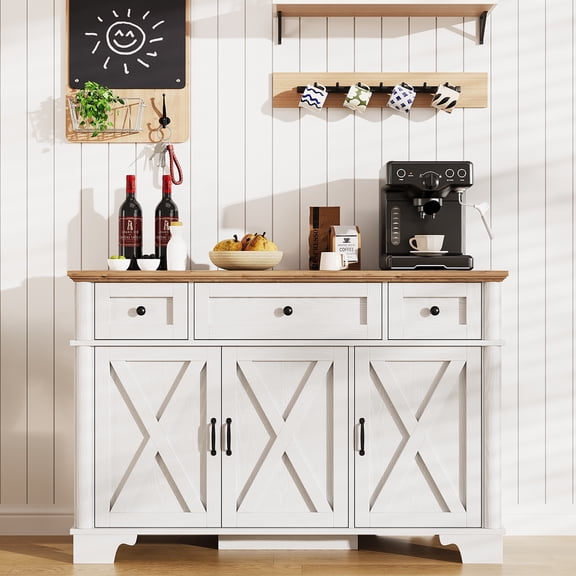 Farmhouse Buffet Cabinet with Storage, White Sideboard Buffet Cabinet with Adjustable Shelves & 3 Drawers, Buffet Table Coffee Bar Wine Bar Storage for Kitchen & Living Room, 47inch