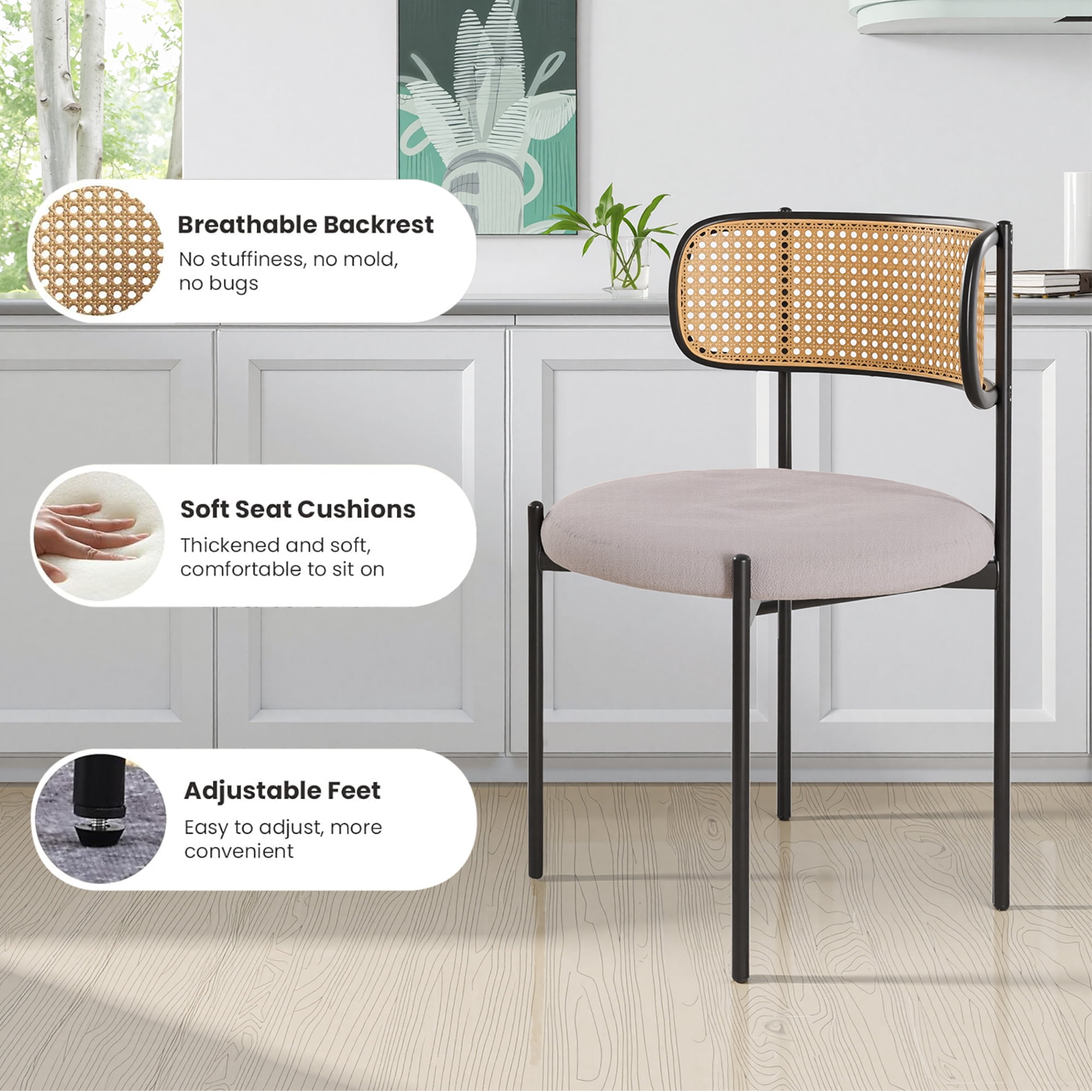MAYEERTY 2-Pack Light Gray Modern Upholstered Dining Chairs, Rattan Back, Metal Legs, Kitchen Accent