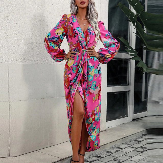 Robes pour Femmes Décontractées 2023 Robe Sexy à Manches Longues Col en V Contraste Taille Élastique Rose TG