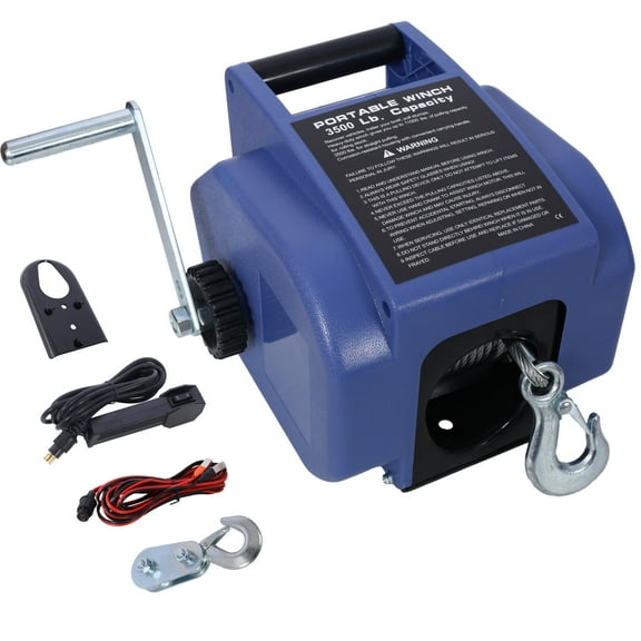 12V 3500 Lbs Portable Trailer Winch, Reversible Electric Winch with Extra Pulley Hook and Manual Function, Power In and Power Out, Boat Winch for Towing, Blue