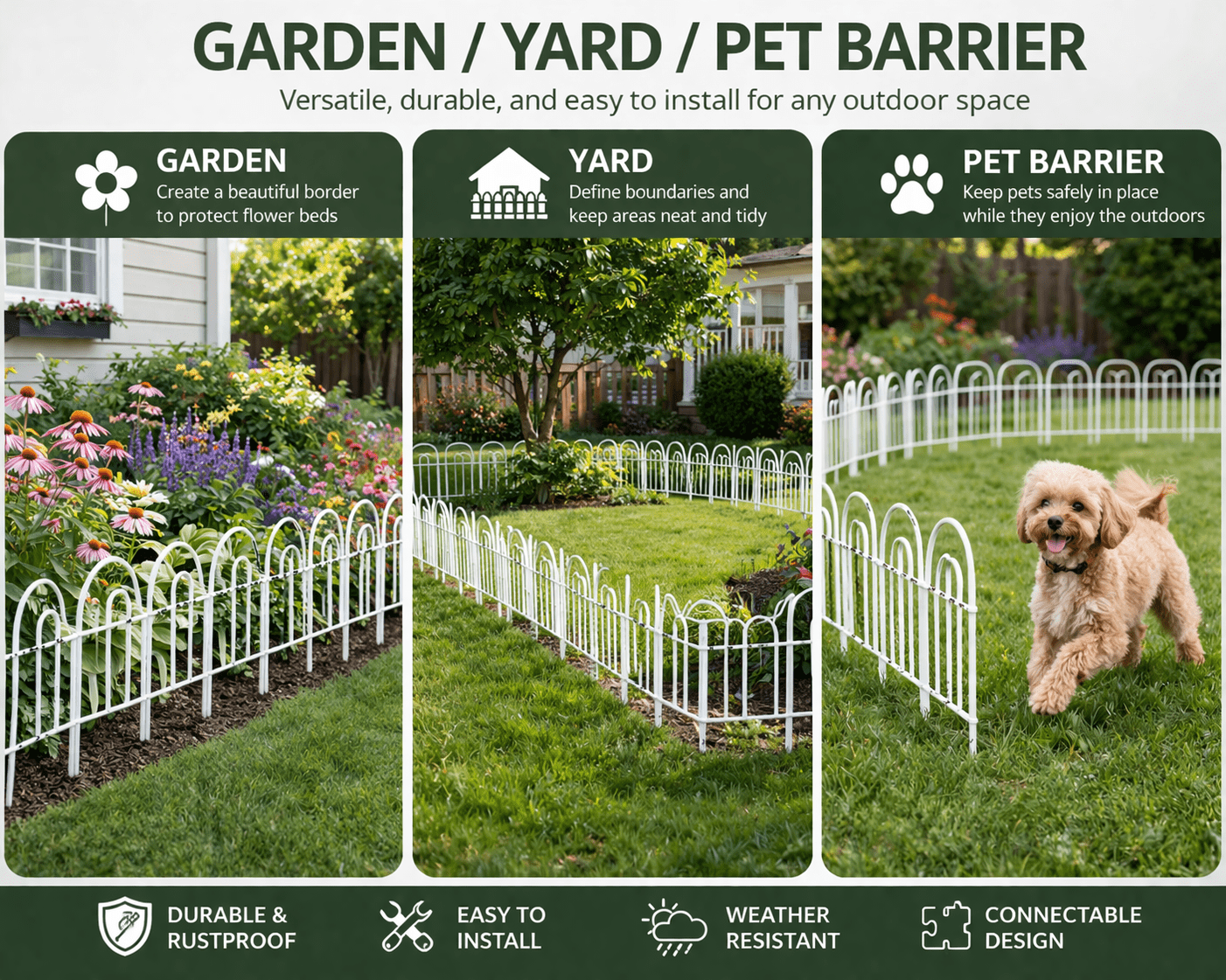 Y&M Decorative Garden Folding Border Fence 16.7in X21ft Rustproof Metal Wire Edging Flower Bed Fences Panel Outdoor White Garden Fencing Edge Patio Landscape