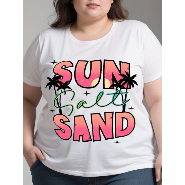 Sun Salt Sand Graphic T-Shirt - Tropical Beach Design with Palm Trees & Sunset, 100% Cotton Unisex Casual Tee for Men & Women, Soft Breathable Short Sleeve Shirt Comfortable Fit Shirt