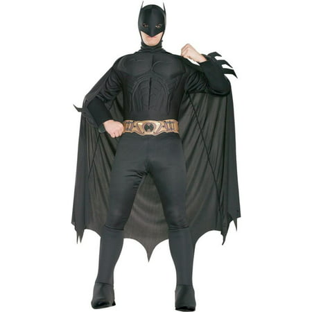 Morris Costumes Rubie's Mens Batman Deluxe ''Batman Begins'' adult deluxe muscle chest jumpsuit with attached boot tops, cape, headpiece Costume Medium, Style RU888014MD