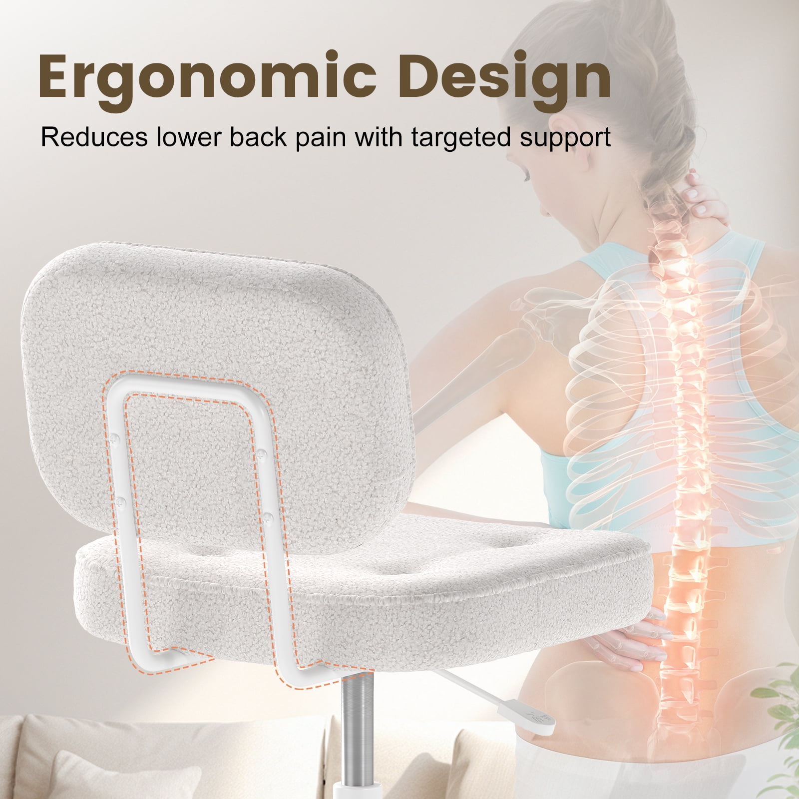 YERAIRR Armless Office Chair with Wide Seat,Teddy Fleece Fabric Computer Desk Chair Thickened Cushion Vanity Chair White