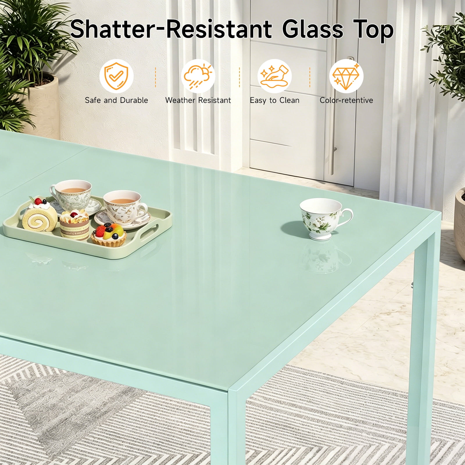Vitarpatio 7 Piece Outdoor Patio Dining Set with 6 Textilene Chairs and Glass Rectangular Table, Modern Outdoor Furniture Set Patio Table and Chairs Set for 6 Persons, Mint Green