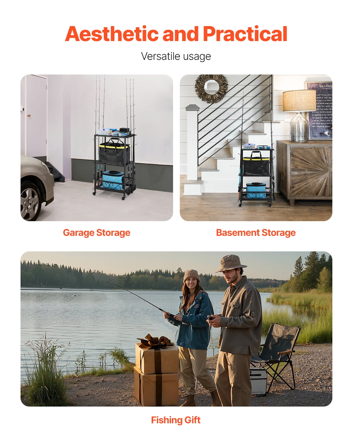VEVOR Fishing Rod Holder for 10-Rods, Mobile Fishing Pole Rack Cart with Wheels, Fish Gear Equipment Organizer for Garage Home Indoor Use, for Tackle Box Reel Accessories Storage, Gifts for Men