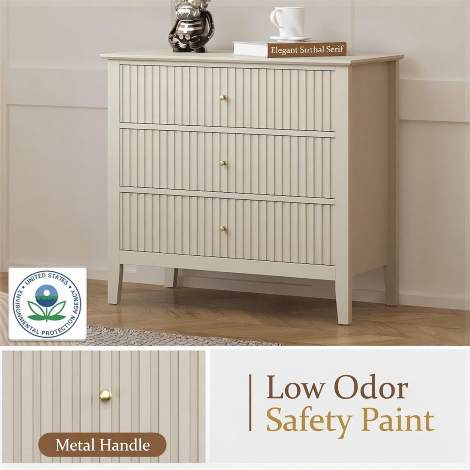 Hommoo 32"W Wooden Fluted 3-Drawer Nightstand, Large Modern Bedroom End Table, Beige