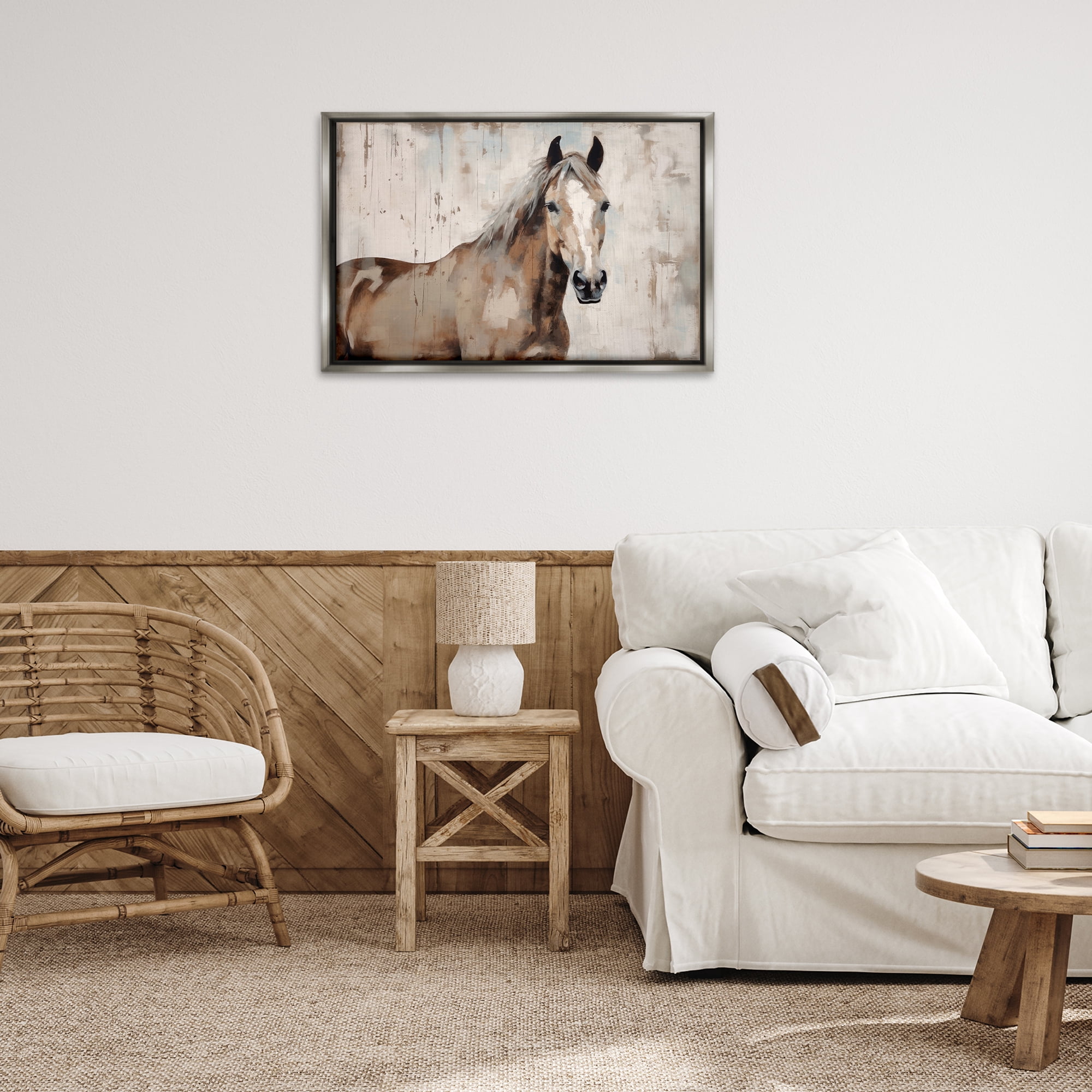 Stupell Industries Rustic Stoic Mare Animals Painting Gray Floater Framed Canvas Art Print Wall Art, 31 x 21