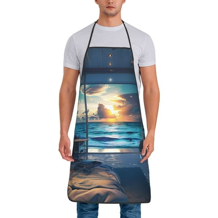 

Jgfou Ocean View Bedroom Print Anti-fouling Apron for Men Women Waterproof Oil-Proof Kitchen Apron with Adjustable Straps Pocket and No-Pill No-Fade Fabric