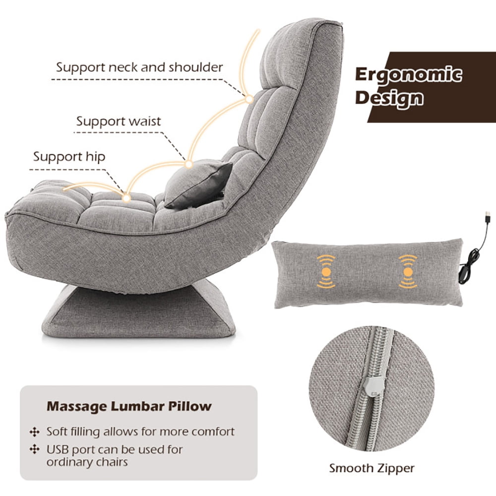 Finihen Swivel Floor Chair, 5-Level Adjustable 360° Swivel Floor Chair with Massage Pillow, Recliner Chair for Relaxing Reading Gaming TV Watching, Gray