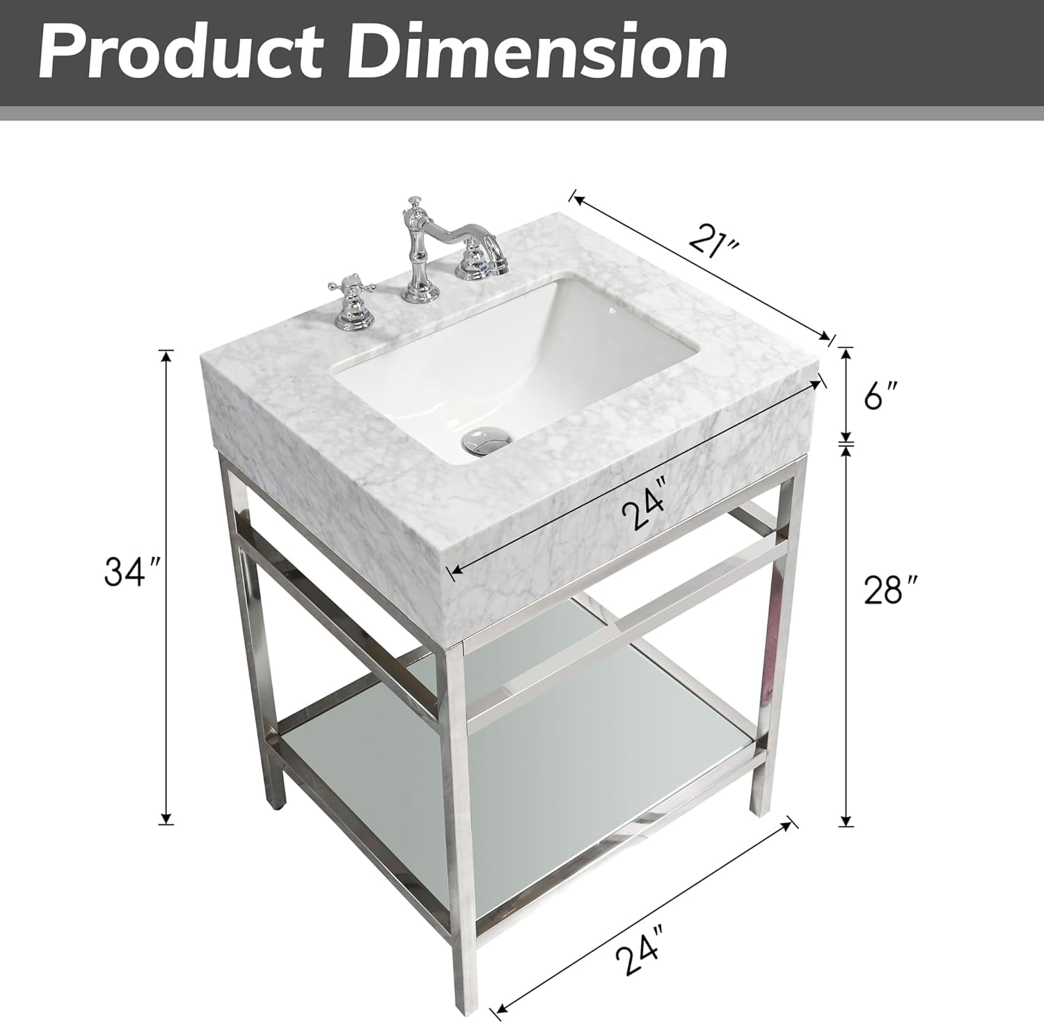 GGISHA 24"x 21"Freestanding Bathroom Vanity with Sink,Carrara Marble,Silver Frame,Tempered Glass Shelf
