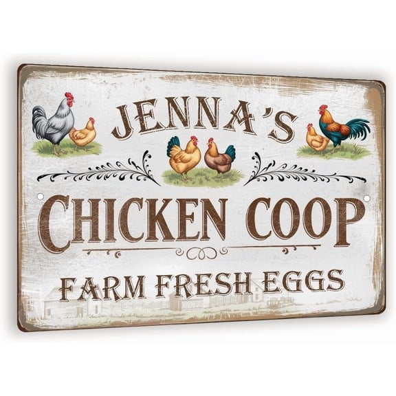 Personalized Chicken Coop Sign – 8x12 Vintage Farm Fresh Eggs Metal Wall Art, Custom Rooster Hen Decor for Barn, Coop, or Kitchen