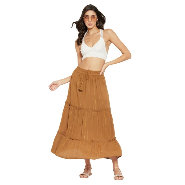 Women Solid Skirt Long Ruffle Layered Ladies Skirts for Summer with Elastic Waist Online