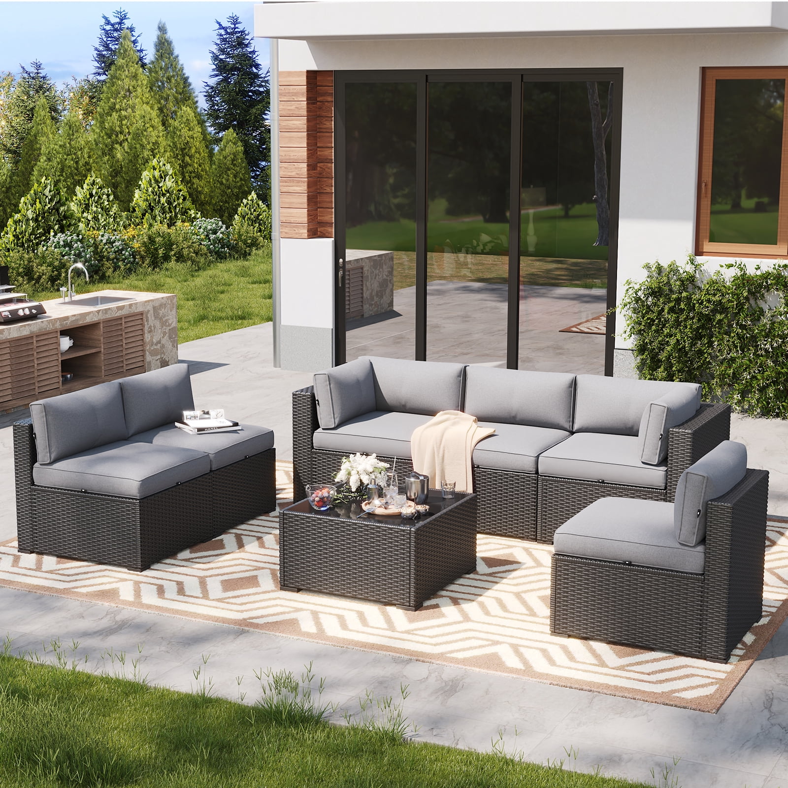Clouddwell 7-Piece Patio Furniture Set on Sale, Black Rattan Wicker Outdoor Sectional Sofa Couch with Table Patio Conversation Set for Lawn& Backyard, Light Gray