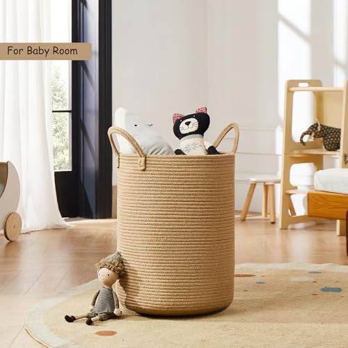60L Jute Woven Hamper Laundry Basket Wicker Rope Clothes Hamper for Baby Nursery Kids Tall Rattan Blanket Basket in Living Room Bedroom 15Dx20H inches