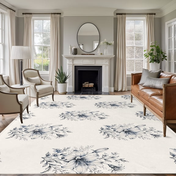 Blue Flowers 5'x7' Area Rug, Farmhouse Botanical Bloom Tulip Branches Washable Non-Slip Soft Rugs, Low-Pile Large Carpet for Living Room Bedroom Dining Room, Non-Shedding Accent Rug
