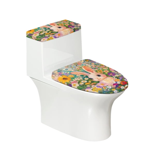 HELLHERO Stretch Toilet Seat Lid Cover & Stays in Place Elastic Bottom Adjustable with 2 Pcs Set Toilet Lid Cover Set Easter Bunny Motif