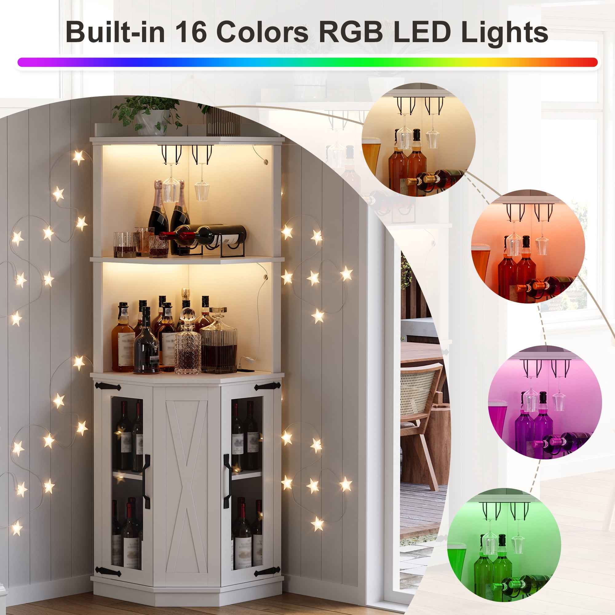 GARITIN 67.3 Inch Corner Bar Cabinet with Power Outlet, Farmhouse Wine Bar Cabinet with Adjustable Shelves, Lights & Glass Rack for Dining Room Living Room, White