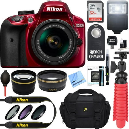 Nikon D3400 24.2 MP DSLR Camera + AF-P DX 18-55mm VR NIKKOR Lens Kit + Accessory Bundle 32GB SDXC Memory + SLR Photo Bag + Wide Angle Lens + 2x Telephoto Lens + Flash + Remote + Tripod+Filters (Red)