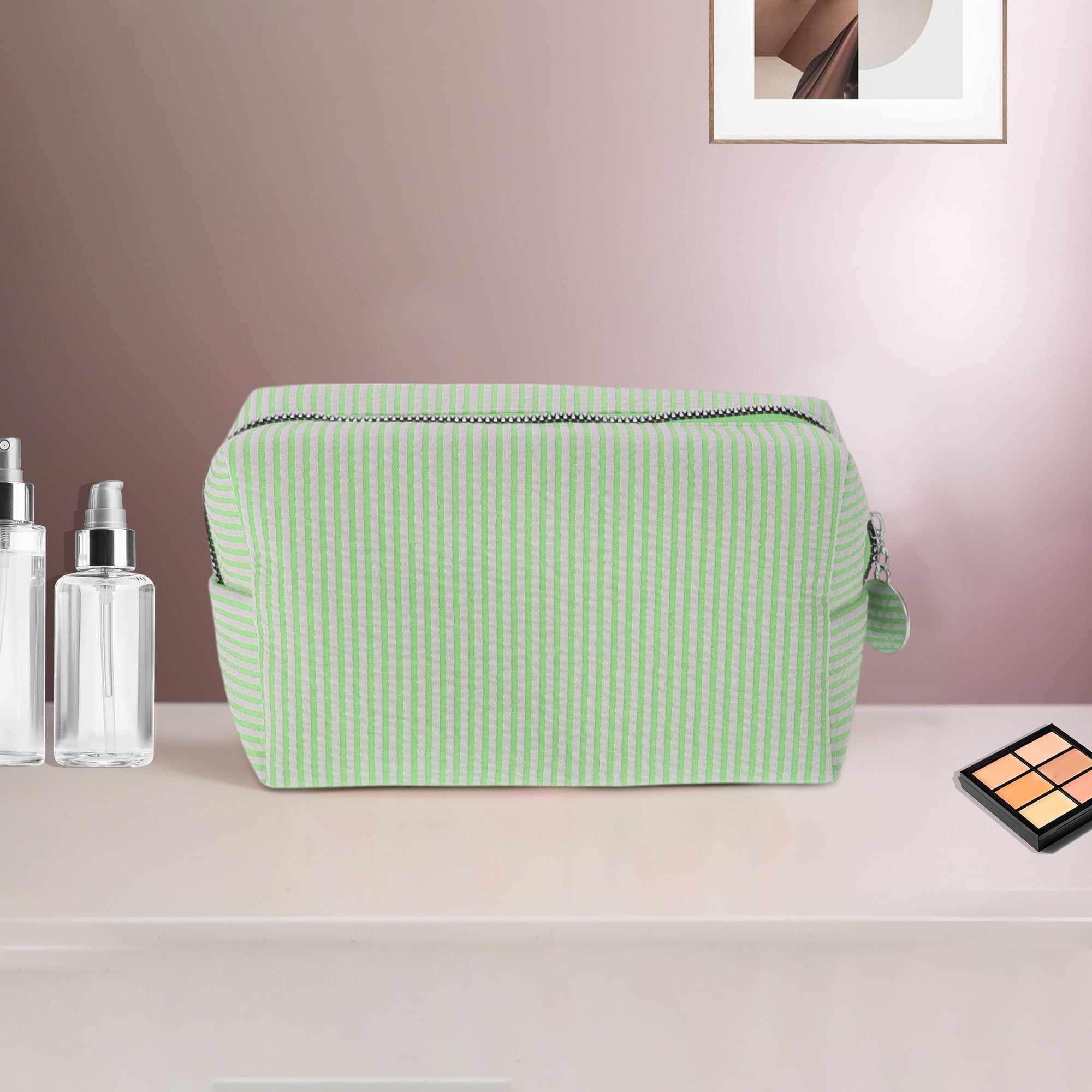 Unique Bargains 1 Pc Striped Pattern Makeup Bag with Smooth Drawstring Design Light Green