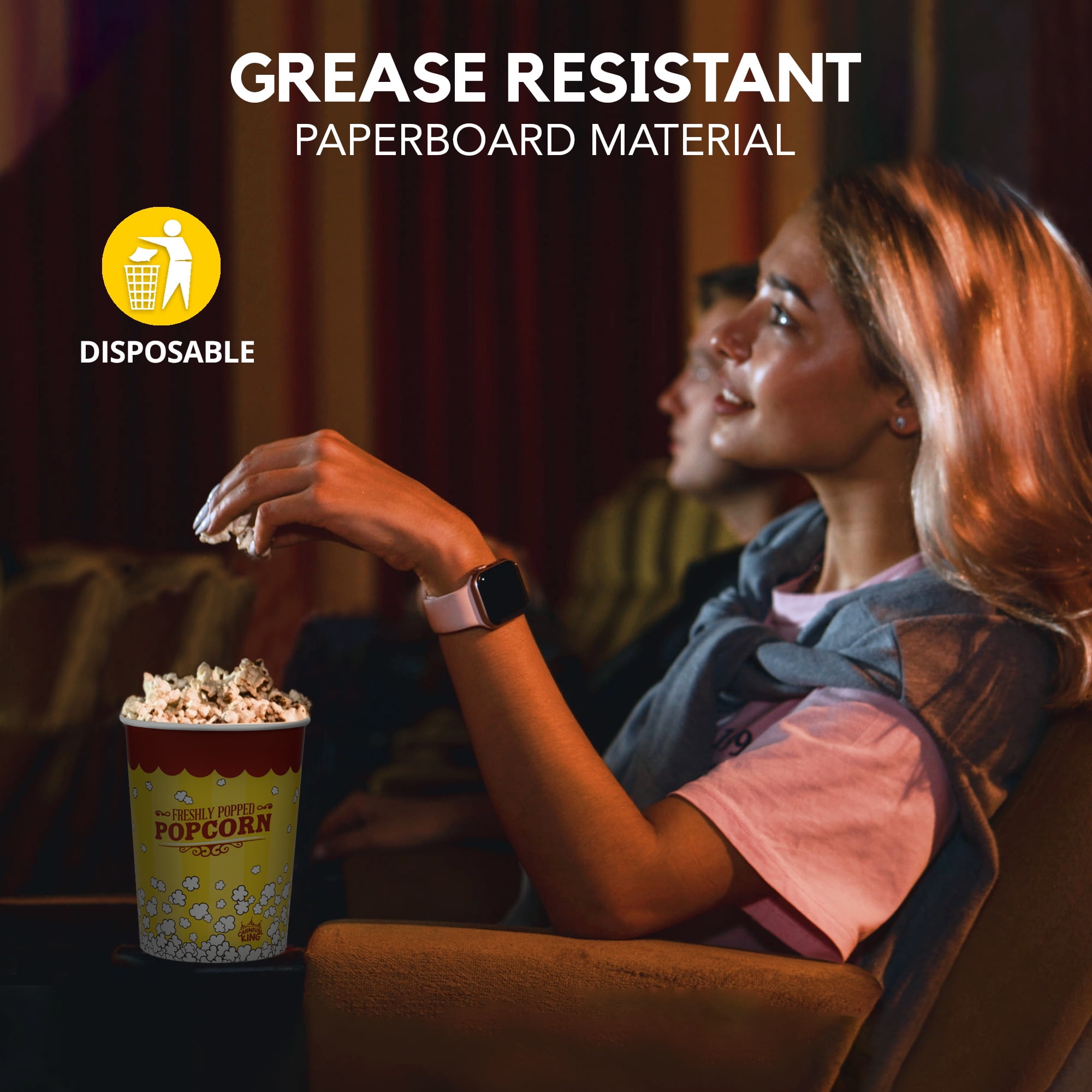 OCS Parts Movie 25-Pack Theater Popcorn Buckets 24 Ounce 7" X 3.75" Heavy Duty Disposable Greaseproof Popcorn Container Tubs For Home Movie Night